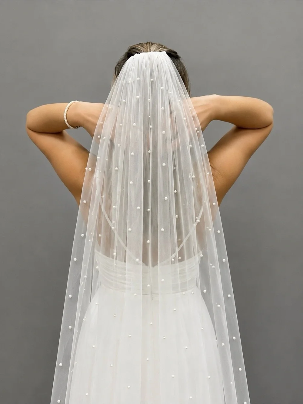 Pearl Studded Cathedral Bridal Veil 108” Wedding Veil 6mm Pearls